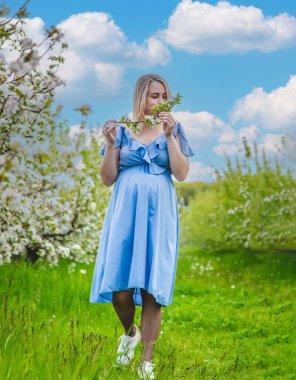 Çiçekli elma ağaçlarının bahçesinde hamile bir kadın. Seçici odaklanma. Doğa.