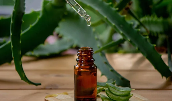 Aloe Vera Essential Oil Wooden Background Juice Selective Focus — Stock Photo, Image
