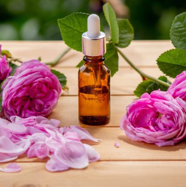 Gül çiçeği ve temel yağ. Spa ve aromaterapi. Seçici odak