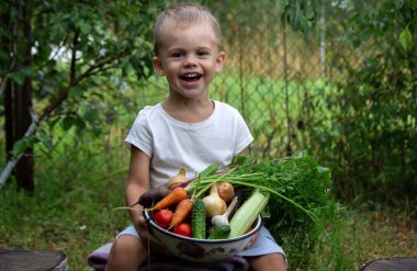 Bahçedeki çocuk elinde taze toplanmış sebzelerle dolu bir kase tutuyor. seçici odak