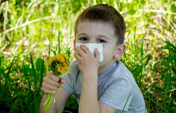 Anak Ini Alergi Terhadap Bunga Musim Semi Fokus Selektif — Stok Foto