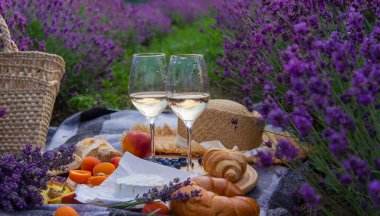 Lavanta tarlasında piknik, doğada dinlenme, şarap, meyve, dut. Seçici odak