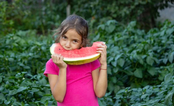 Child Eats Watermelon Selective Focus Nature — Photo