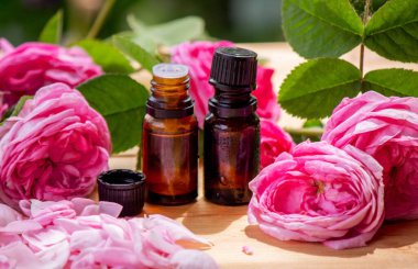 Gül çiçeği ve temel yağ. Spa ve aromaterapi. Seçici odak