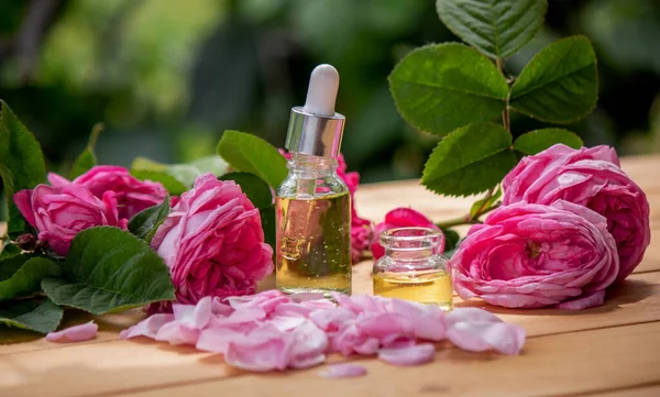 Flor Rosa Aceite Esencial Spa Aromaterapia Enfoque Selectivo —  Fotos de Stock
