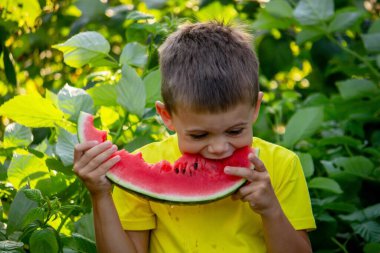 A child eats a watermelon. Selective focus. Nature