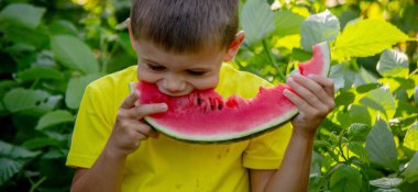 A child eats a watermelon. Selective focus. Nature
