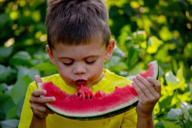 A child eats a watermelon. Selective focus. Nature