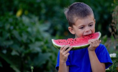 A child eats a watermelon. Selective focus. Nature