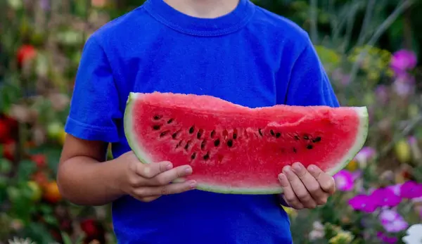 Child Eats Watermelon Selective Focus Nature — Stock Fotó