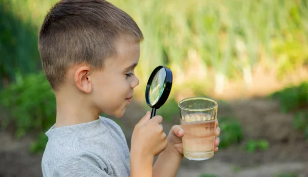 Child Boy Looking Water Glass Magnifying Glass Selective Focus Nature — Stock Photo, Image
