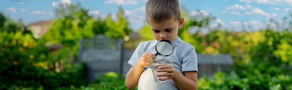 Der Kleine Junge Betrachtet Wasser Einem Glas Durch Eine Lupe — Stockfoto