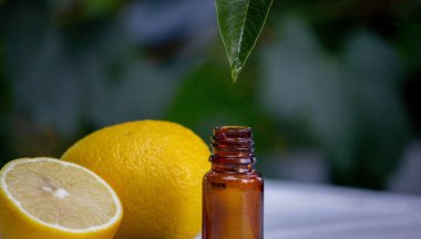 Limon esanslı yağ bir yapraktan damlıyor. Seçici odaklanma. Doğa