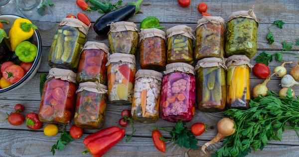 Woman Preserves Vegetables Jars Selective Focus Food — kuvapankkivalokuva