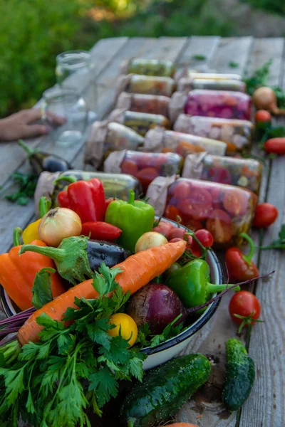 Woman Preserves Vegetables Jars Selective Focus Food —  Fotos de Stock