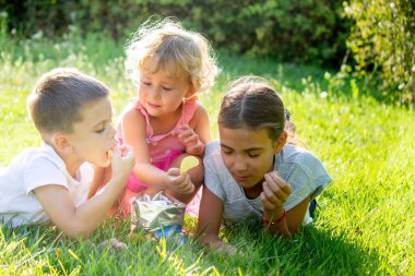 Mutlu çocuklar cips yer. Seçici odaklanma. Doğa