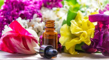 Bitki ve çiçeklerden temel yağ özü. Seçici odaklanma. Doğa