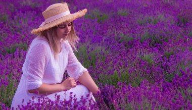 Lavanta tarlasında bir kız. Seçici odaklanma. Doğa
