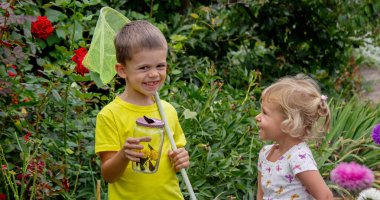 Çocuklar kavanozda kelebek yakalar. Seçici odaklanma. Doğa