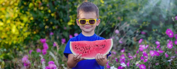 Child Eats Watermelon Selective Focus Nature — Zdjęcie stockowe