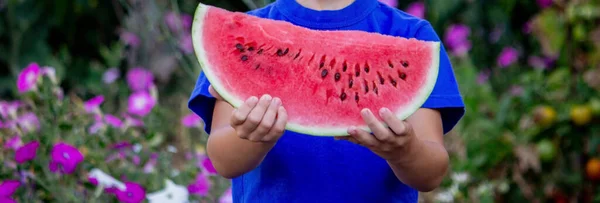 Child Eats Watermelon Selective Focus Nature — Stock Fotó