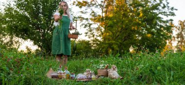 Kadın şifalı bitkiler topluyor. Seçici odaklanma. Doğa.