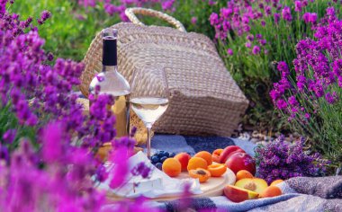 şarap, meyve, çilek, peynir, bardaklar lavanta tarlasında piknik seçici odak