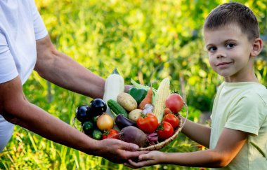 Bir kadın ve bir çocuk taze toplanmış organik sebzelerle dolu bir sepet tutuyorlar. Seçici odak