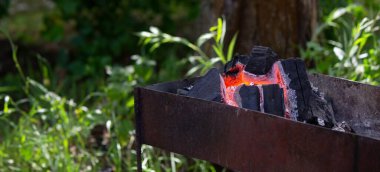 Barbeküde odun yanıyor. Doğa.