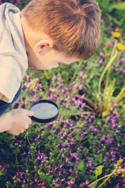 Bir çocuk büyüteçten bakar. Büyük bir çocuk gözü.