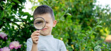 Mutlu bir çocuk büyütece bakar, güneşli bir yaz gününün tadını çıkarır.