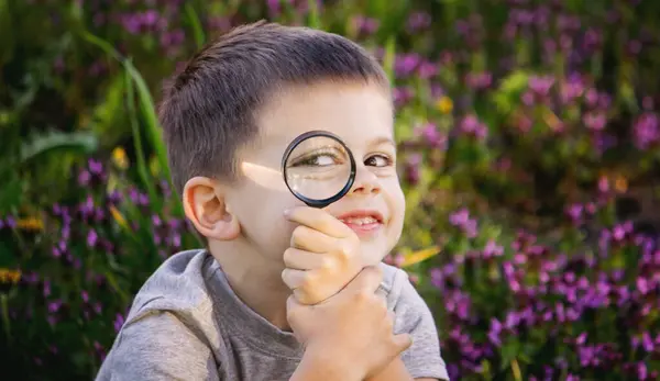 A child looks through a magnifying glass. A big child\'s eye