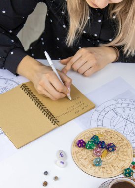 Woman numerologist astrologer counts numbers. Selective focus. People.