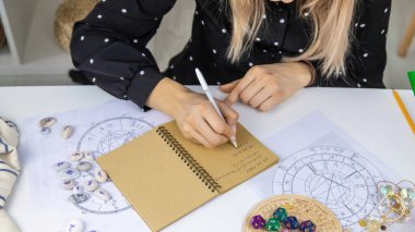 Woman numerologist astrologer counts numbers. Selective focus. People.