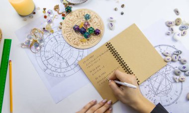 Woman numerologist astrologer counts numbers. Selective focus. People.