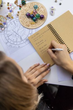 Woman numerologist astrologer counts numbers. Selective focus. People.