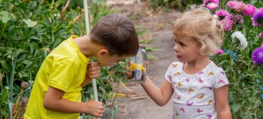 İki mutlu çocuk kelebekleri yakalar ve hayranlık duyar.