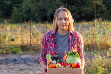 Elinde taze çiğ sebzelerle dolu tahta bir kutu tutan dişi çiftçi. Sebzeli sepet