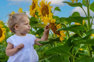 Ayçiçeği tarlasında küçük güzel bir kız. çocuklar