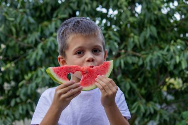 Çocuk doğanın arka planında karpuz yiyor. Seçici odak.