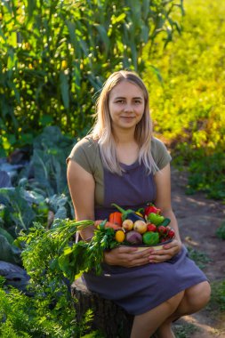 Kadın çiftçi elinde çeşitli taze çiftlik sebzeleriyle büyük bir tabak tutuyor. Sonbahar hasadı.