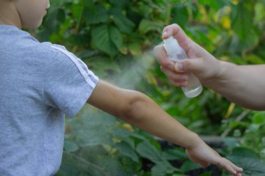 Bir adam parkta, yakın planda oğlunun eline böcek kovucu uygular. Isırık önleyici.