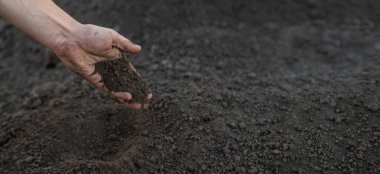 Bir adam toprağı yakın mesafeden tutuyor. Seçici odak.