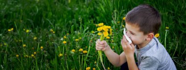 Çocuk çiçeklere alerjisi olan bir çocuk. Doğa. çiçekler