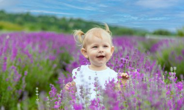 Lavanta tarlasında ya da bahçede beyaz elbiseli küçük güzel kız, lavanta aromasının tadını çıkarıyor..