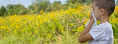 Çocuk bir peçeteye hapşırdı, yabani otlara alerjisi vardı. seçici odak.