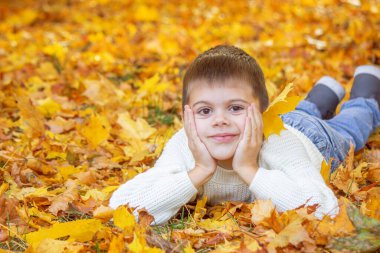 Sonbahar parkındaki mutlu çocuk. Sonbahar