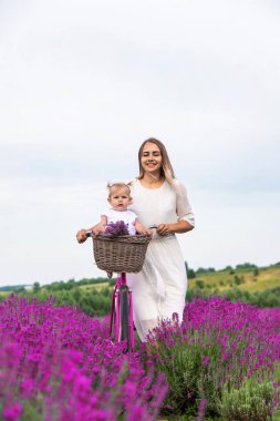 Mutlu anne ve kız lavanta tarlasında.