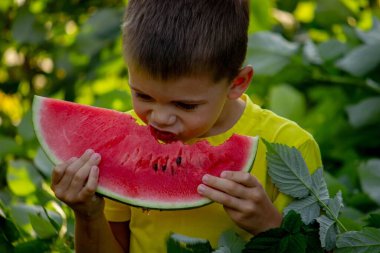 Çocuk yazın karpuz yer. Seçici odak.