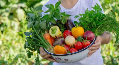 Bahçede bir kase taze sebzeli çocuk.